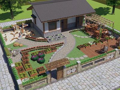 Traditional Courtyard Pergola With Garden Plants Stone Path And Wooden Furniture 3d model