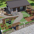 Traditional Courtyard Pergola With Garden Plants Stone Path And Wooden Furniture
