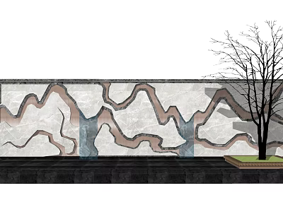Natural Mountain Pattern Stone Texture Background Wall With Tree Grass And Water Feature 3d model