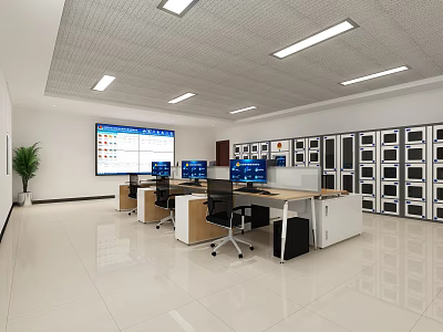 Modern Public Office Space With Work Desks Computers Lockers Large Screen And Ceiling Lights 3d model
