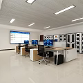 Modern Public Office Space With Work Desks Computers Lockers Large Screen And Ceiling Lights 3d model