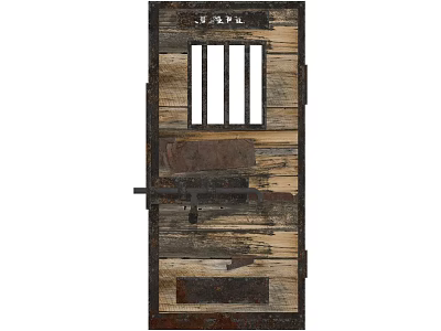 Vintage Wooden Door With Reclaimed Wood Planks Barred Window And Metal Details 3d model