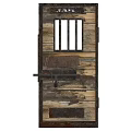Vintage Wooden Door With Reclaimed Wood Planks Barred Window And Metal Details