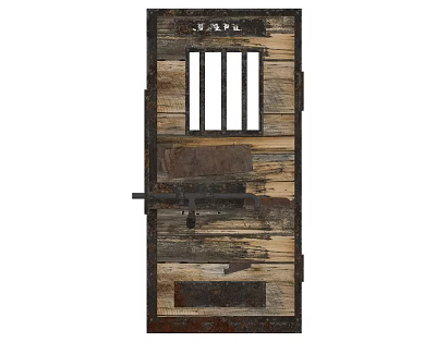 Vintage Wooden Door With Reclaimed Wood Planks Barred Window And Metal Details 3d model