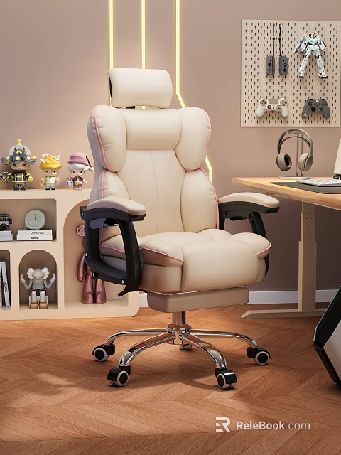 Comfortable Beige Office Chair With Black Armrests Wheels And Wooden Desk In Cozy Home Office 3d model 