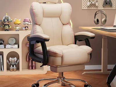 Comfortable Beige Office Chair With Black Armrests Wheels And Wooden Desk In Cozy Home Office 3d model