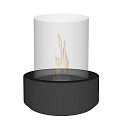 Modern Fireplace With Transparent Glass Enclosure And Burning Flame On Black Ribbed Base