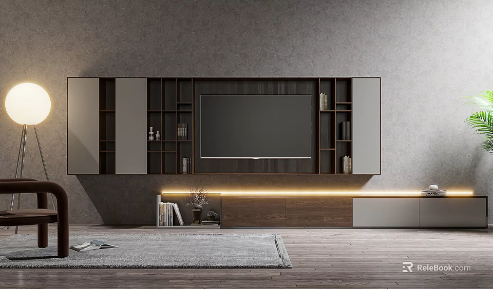 Modern TV Cabinet with Open Shelves and LED Light Strip in Living Room 3d model 