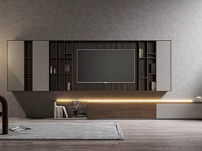Modern TV Cabinet with Open Shelves and LED Light Strip in Living Room 3d model