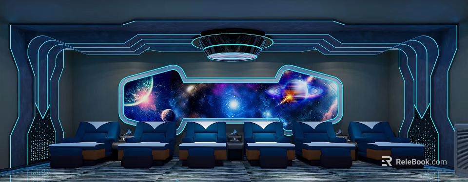 SPA Sauna Interior Design With Starry Sky Background Wall And Comfortable Blue Seats 3d model 