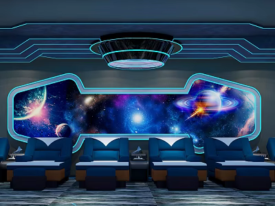 SPA Sauna Interior Design With Starry Sky Background Wall And Comfortable Blue Seats 3d model