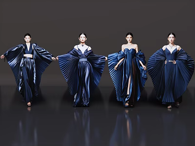 Women Modeling Blue Dresses With Large Pleated Skirts On Dark Reflective Floor 3d model