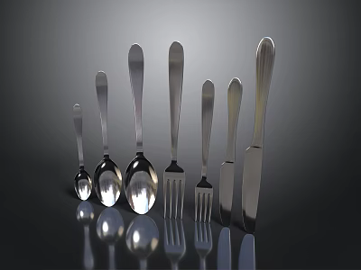 Silver Cutlery With Spoons Forks Knives Neatly Arranged In Various Sizes On Dark Reflective Surface 3d model