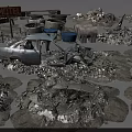 Junkyard Scene With Abandoned Cars Barrels Debris And Discarded Furniture
