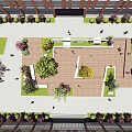 Sunny Courtyard Garden Landscape with Red Brick Buildings Wooden Deck Colorful Trees and Benches
