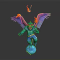 Winged Mythical Creature With Flaming Wings Teal Body And Blue Pants Standing On Globe