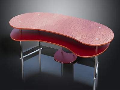 Modern Pink Wooden Table With Curved Surface Red Lower Shelf And Metal Legs 3d model