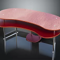 Modern Pink Wooden Table With Curved Surface Red Lower Shelf And Metal Legs