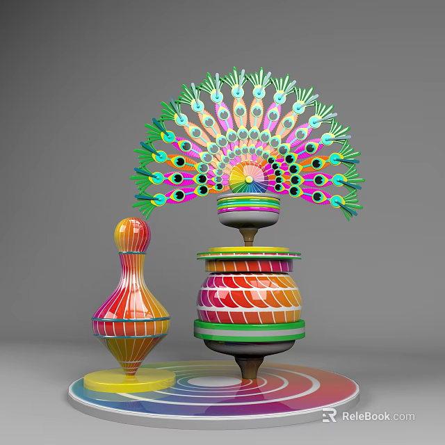 Colorful Decorative Spinning Tops With Peacock Feather Design Striped Patterns And Vibrant Base 3d model 