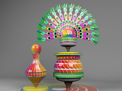 Colorful Decorative Spinning Tops With Peacock Feather Design Striped Patterns And Vibrant Base 3d model