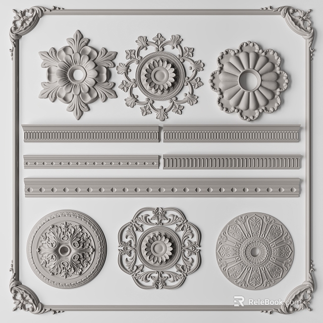 Ornate Carved Decorative Patterns For Interior Design With Rosettes And Moldings 3d model 