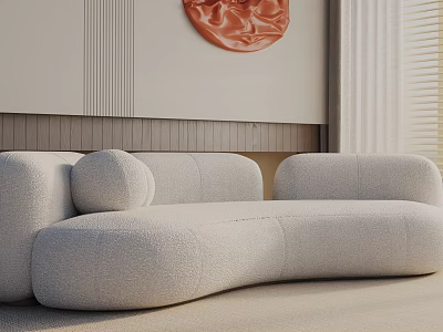 Modern Light Gray Rounded Three Seater Sofa In Minimalist Living Room With Wall Art 3d model