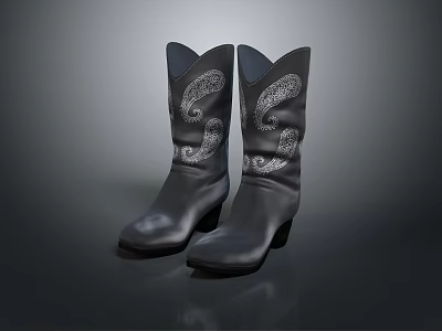 Black Leather Cowboy Boots Featuring Silver Embroidery And Stylish Medium Heel Design 3d model