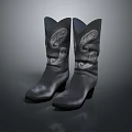 Black Leather Cowboy Boots Featuring Silver Embroidery And Stylish Medium Heel Design