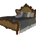 European Style Double Bed With Carved Frame Upholstered Headboard And Gray Bedding