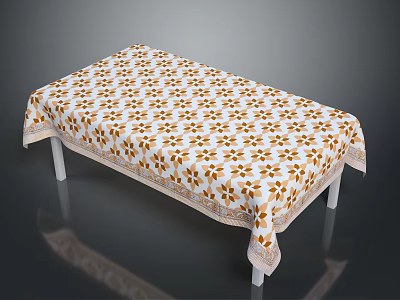 Dining Table With White Background Tablecloth Featuring Brown Floral Pattern And Decorative Border White Legs 3d model