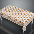 Dining Table With White Background Tablecloth Featuring Brown Floral Pattern And Decorative Border White Legs 3d model