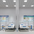 Hospital Ward Interior With Multiple Beds Green Signs Chinese Flag And Ceiling Lights