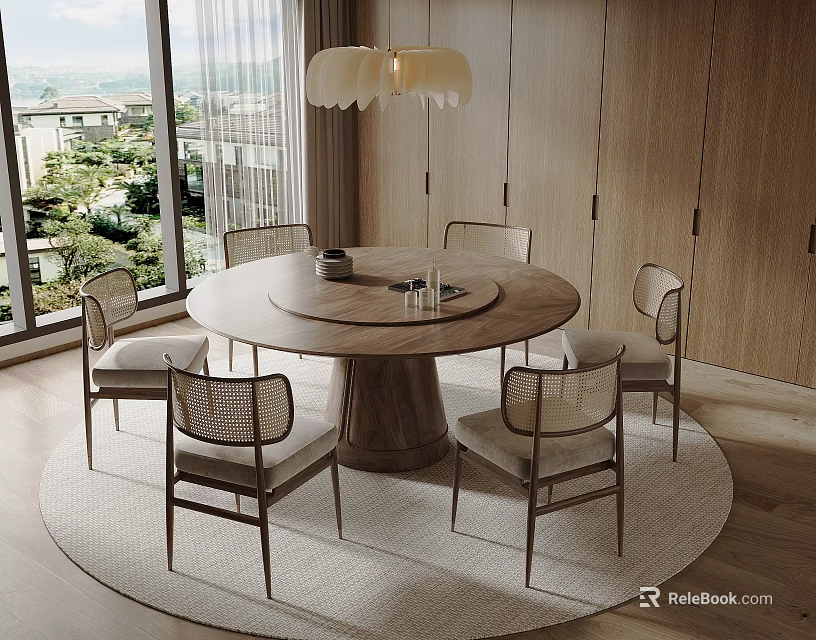 Modern Round Wooden Dining Table Set With Six Chairs Chandelier And Floor To Ceiling Windows 3d model 