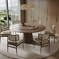Modern Round Wooden Dining Table Set With Six Chairs Chandelier And Floor To Ceiling Windows