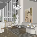 Modern Apartment Interior Featuring Vertical Blinds Spherical Chandelier White Sofa Wicker Chair And Art Painting