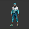 Stylish Digital Game Character With Teal Hair Blue White Jacket And Orange Object