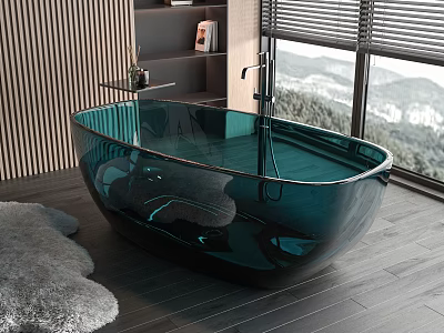 Stylish Teal Glass Bathtub In Modern Bathroom With Scenic Mountain View 3d model