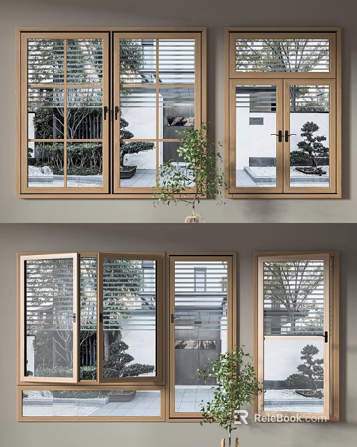 Wooden Frame Casement Windows With Clear Glass And Indoor Outdoor View Design 3d model 