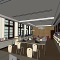 Public Office Space With Open Layout Circular Pendant Lights Large Screen And Natural Light 3d model