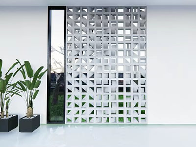 White Geometric Room Divider With Hollow Patterns In Modern Interior With Green Plants And Window 3d model