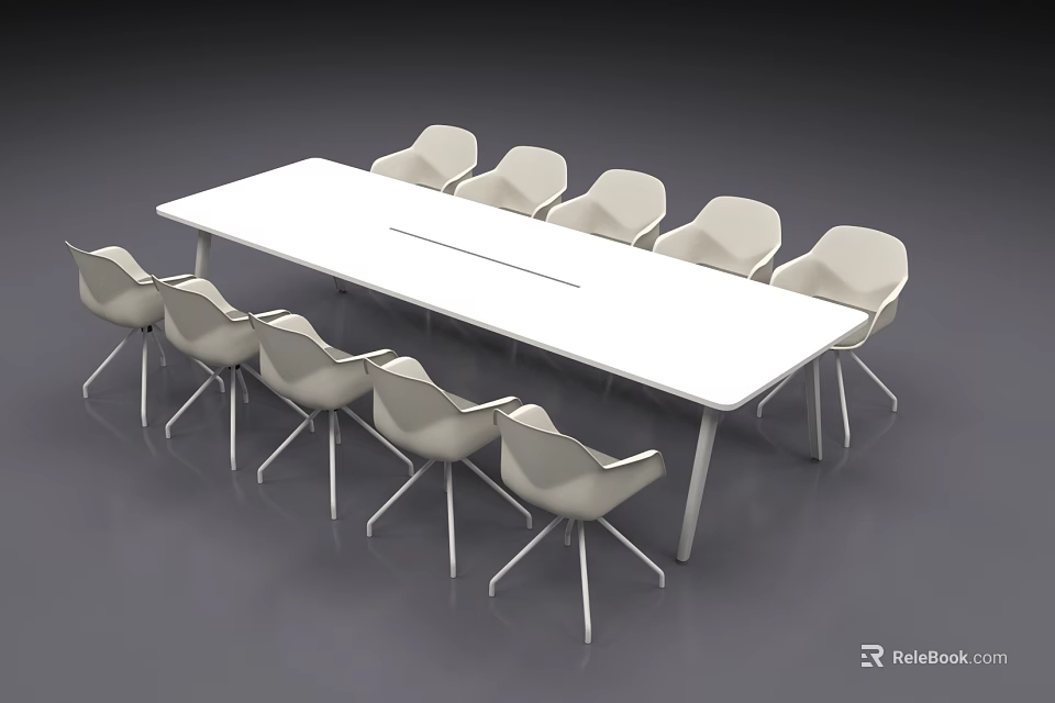 Modern Long White Conference Table With Surrounding Minimalist Office Chairs 3d model 