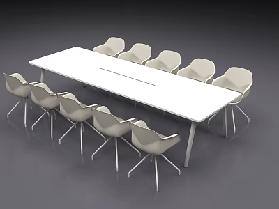 Modern Long White Conference Table With Surrounding Minimalist Office Chairs 3d model
