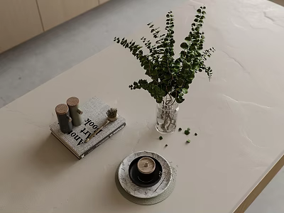 Minimalist Coffee Table with Light Surface decorated with Glass Vase Eucalyptus Book Jars and Candle 3d model