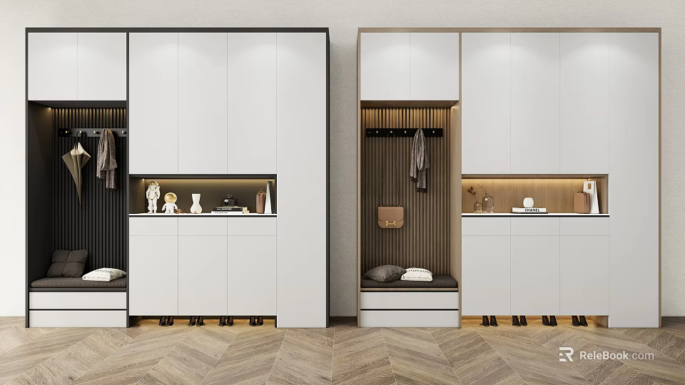 Modern Shoe Cabinet With Hanging Area Display Shelf And Seating Bench 3d model