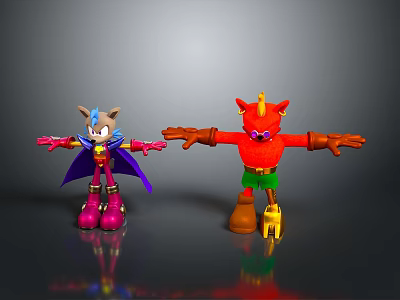 Colorful 3D Cartoon Characters With Blue Purple Cape Red Yellow Horns Arms Outstretched 3d model