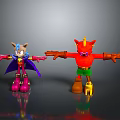 Colorful 3D Cartoon Characters With Blue Purple Cape Red Yellow Horns Arms Outstretched
