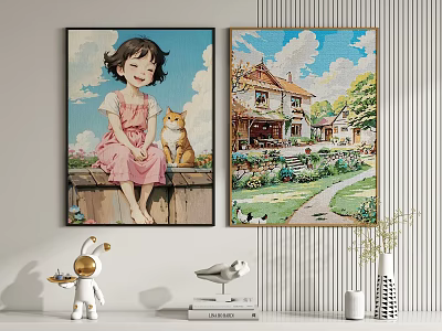 Two Wall Art Paintings Featuring Girl Cat House And Garden Scenery 3d model