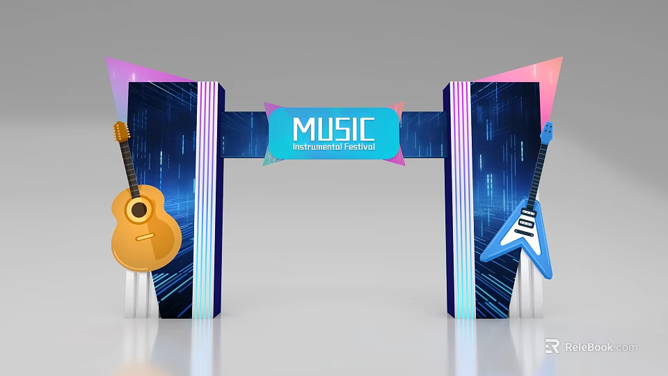 Music Festival Event Entrance With Colorful Geometric Shapes And Guitar Decorations 3d model 