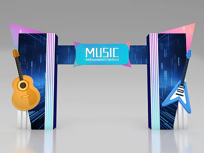 Music Festival Event Entrance With Colorful Geometric Shapes And Guitar Decorations 3d model