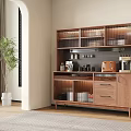 Modern Wooden Sideboard with Open Shelves Drawers Small Appliances and Plant in Cozy Interior